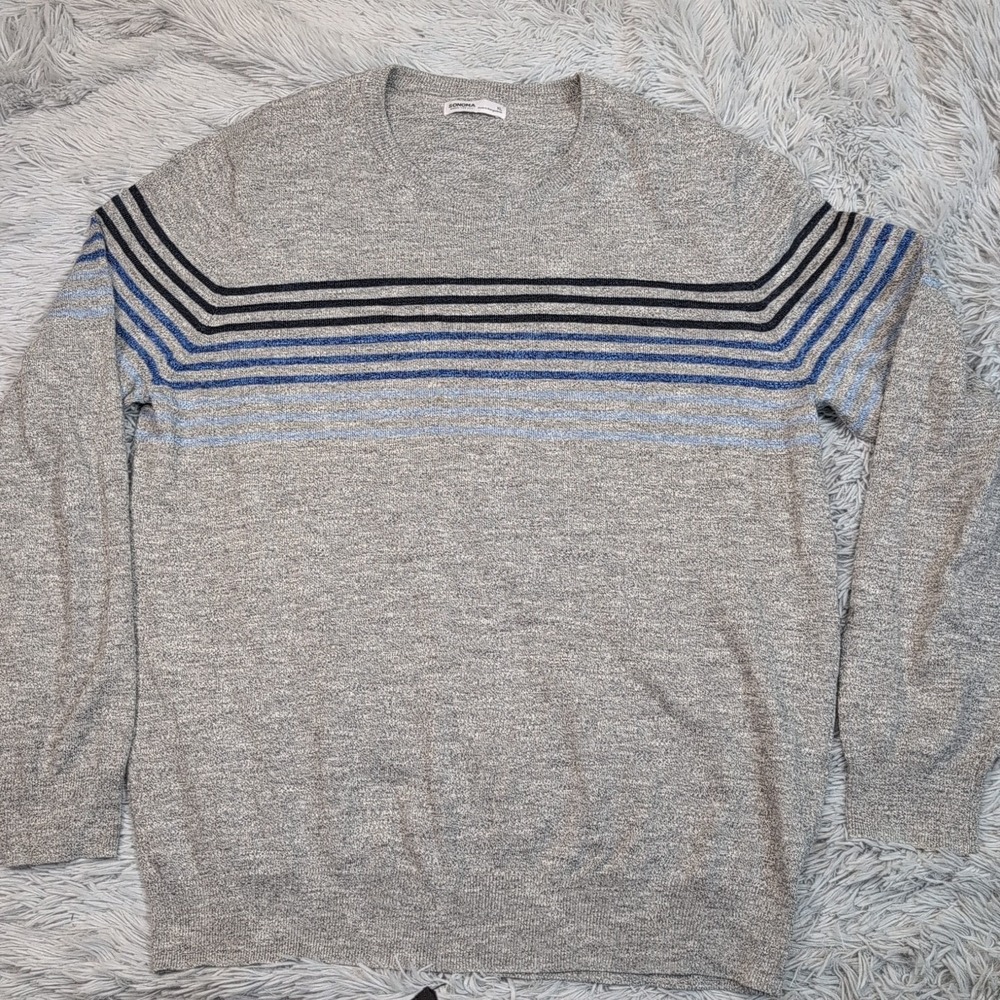 Sonoma Sweater Mens XL Gray Comfort Casual Preppy Stripes Lightweight